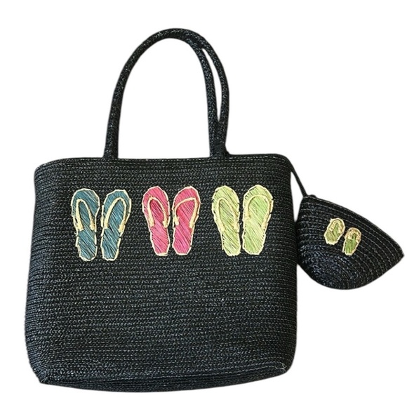 Straw Woven Black Beach Summer Large Tote with Flip Flops design + small bag - Picture 15 of 15